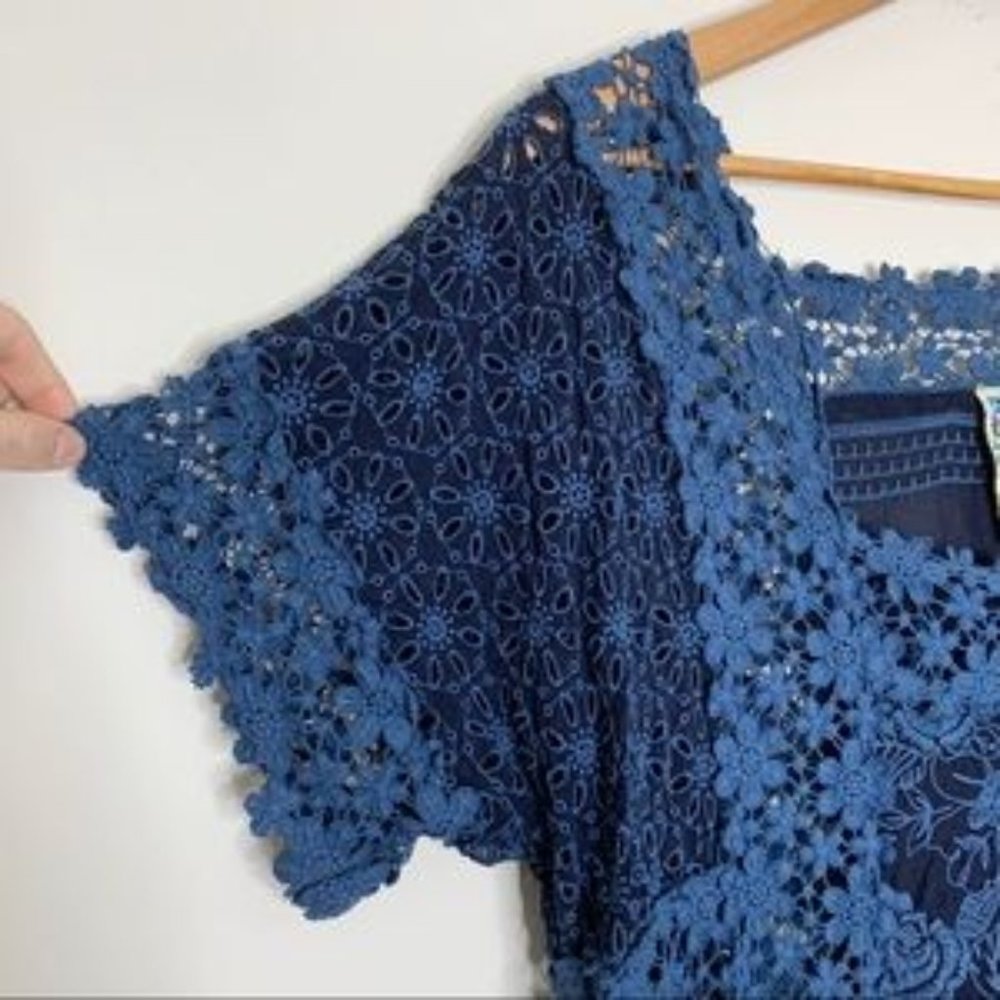 JOHNNY WAS dark blue ROSE LACE dress TUNIC length short sleeve plus 2X like new